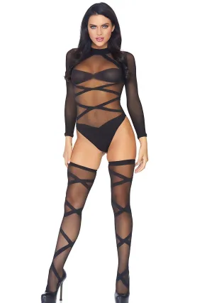 2 Piece Opaque Sheer Criss Cross Body Suit Set