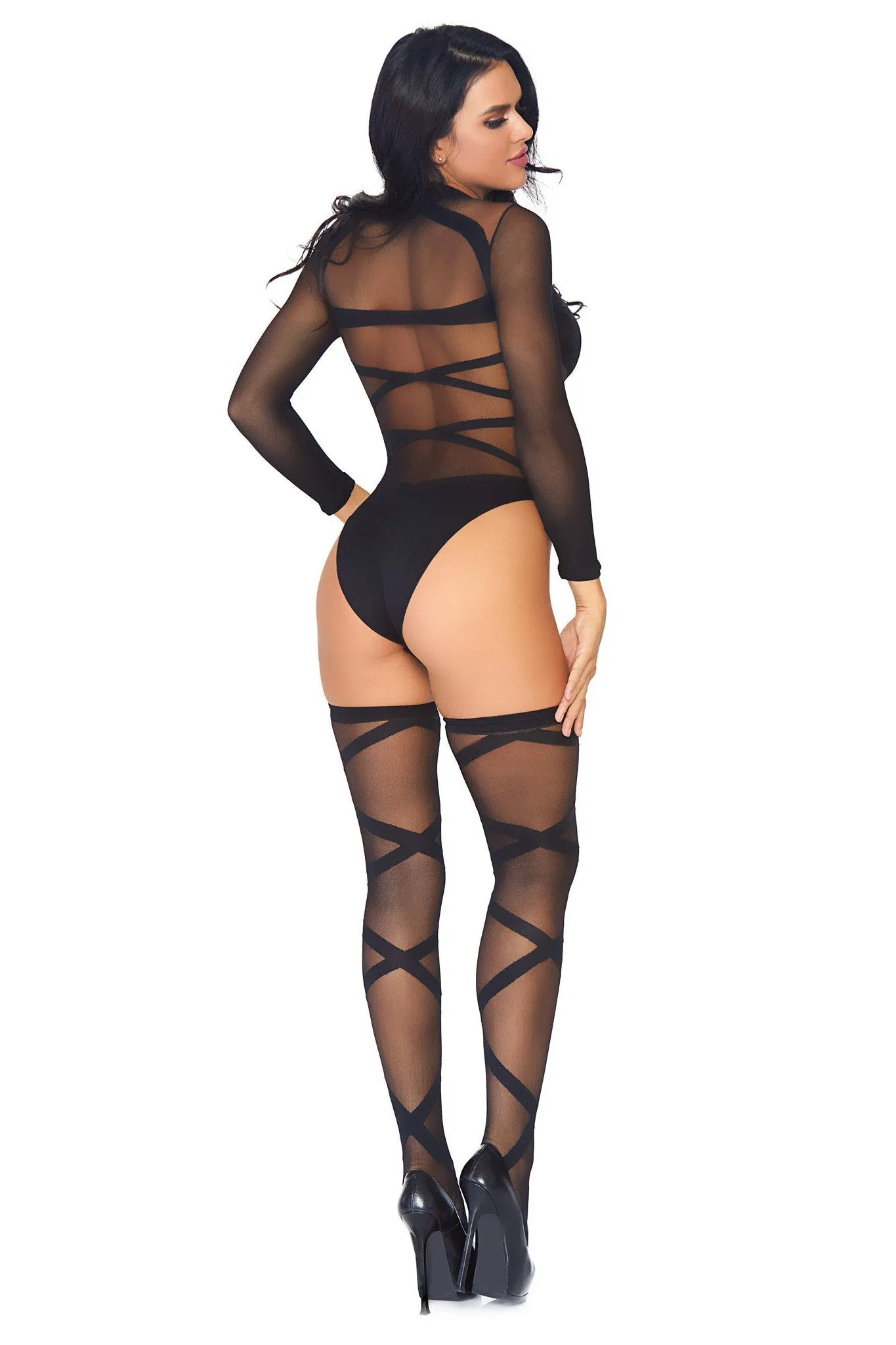 2 Piece Opaque Sheer Criss Cross Body Suit Set