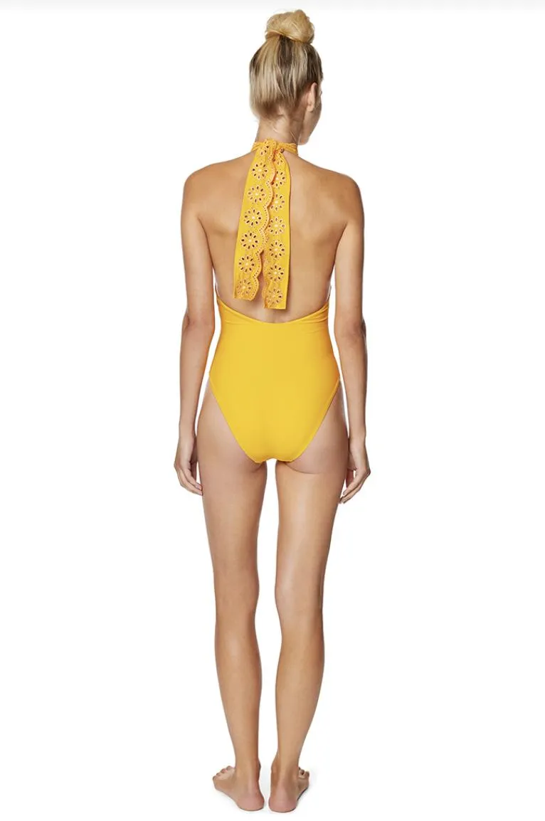 Avec Les Filles Solid Eyelet High Neck One Piece Swimsuit