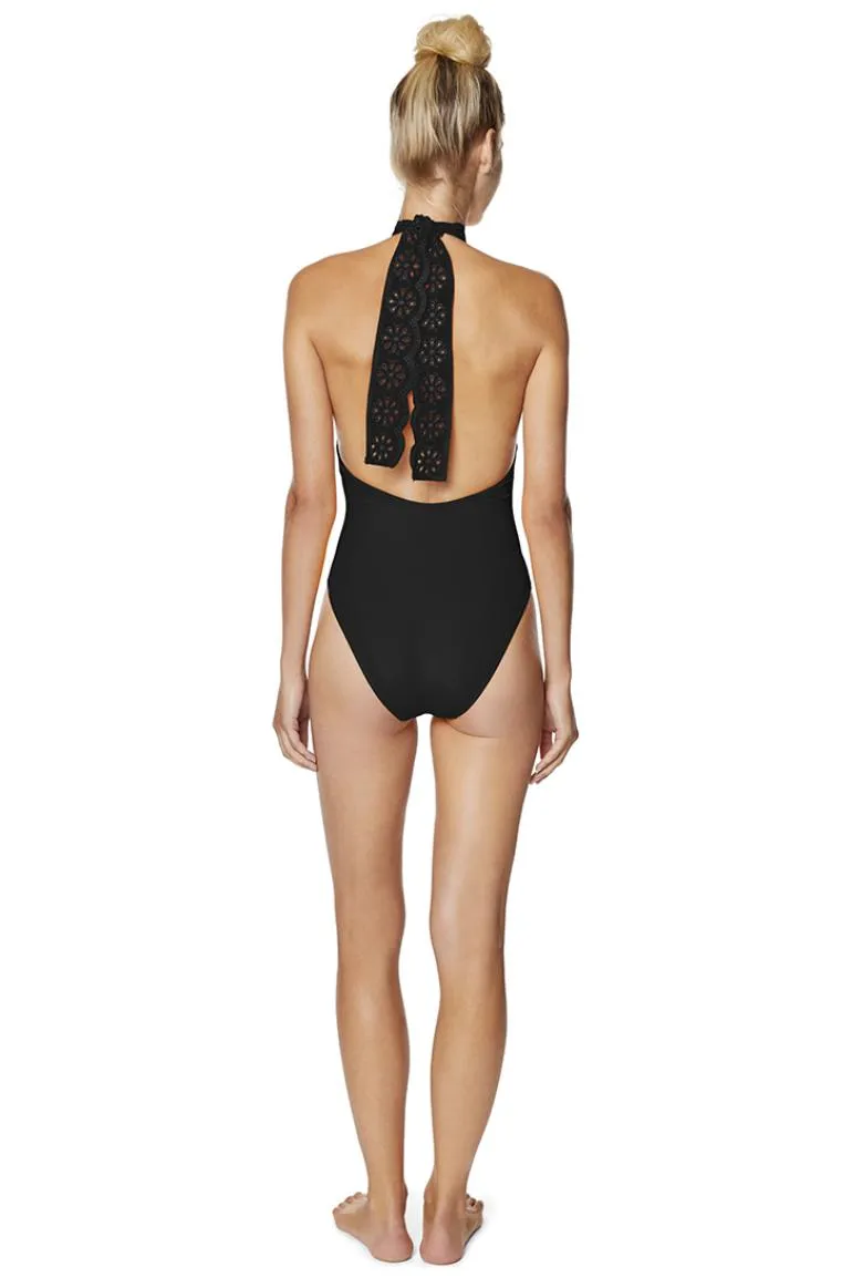 Avec Les Filles Solid Eyelet High Neck One Piece Swimsuit