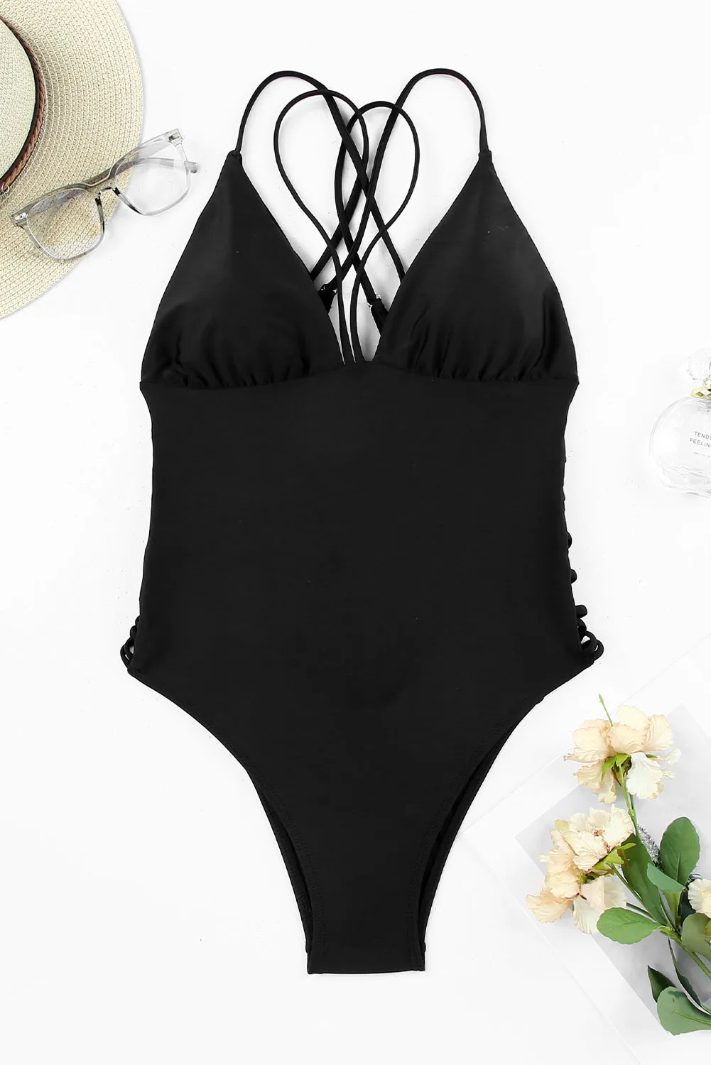 Black Criss-Cross Backless One-Piece Swimsuit