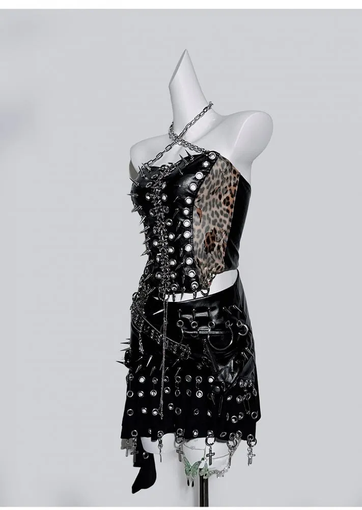 Black Halter Neck Leopard Pattern Stud Ring Corset Top