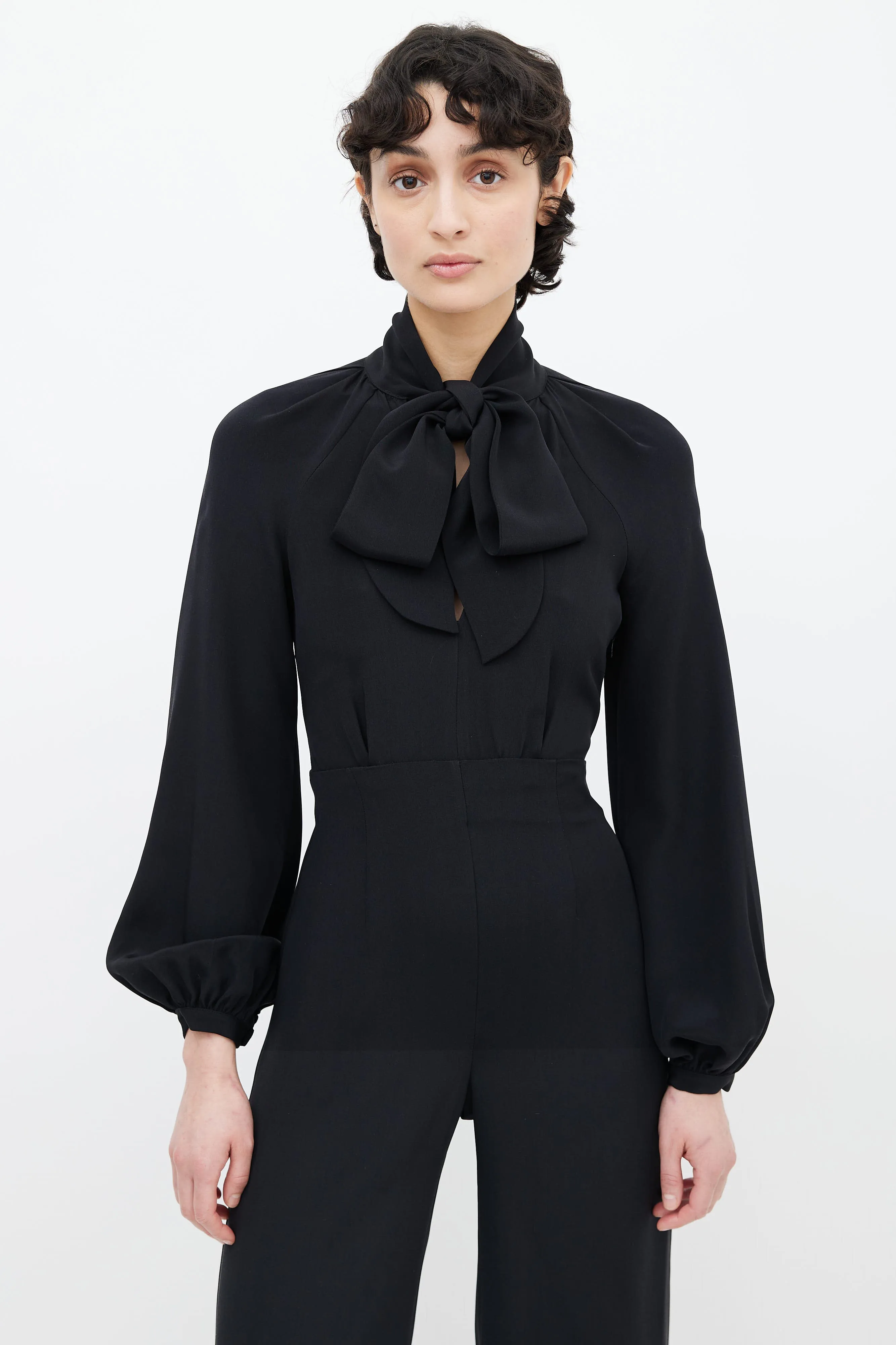 Black Neck Tie Long Sleeve Jumpsuit