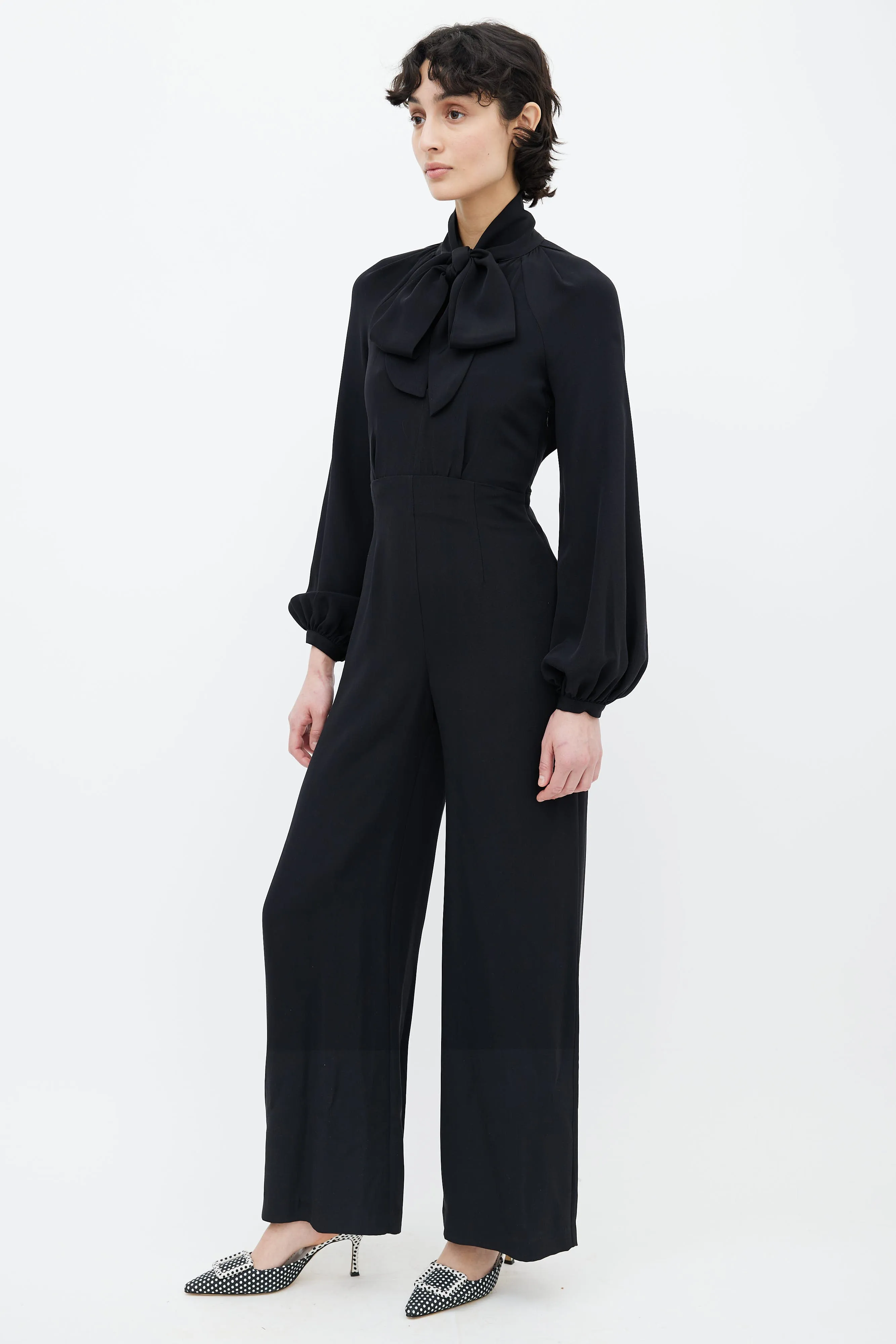 Black Neck Tie Long Sleeve Jumpsuit