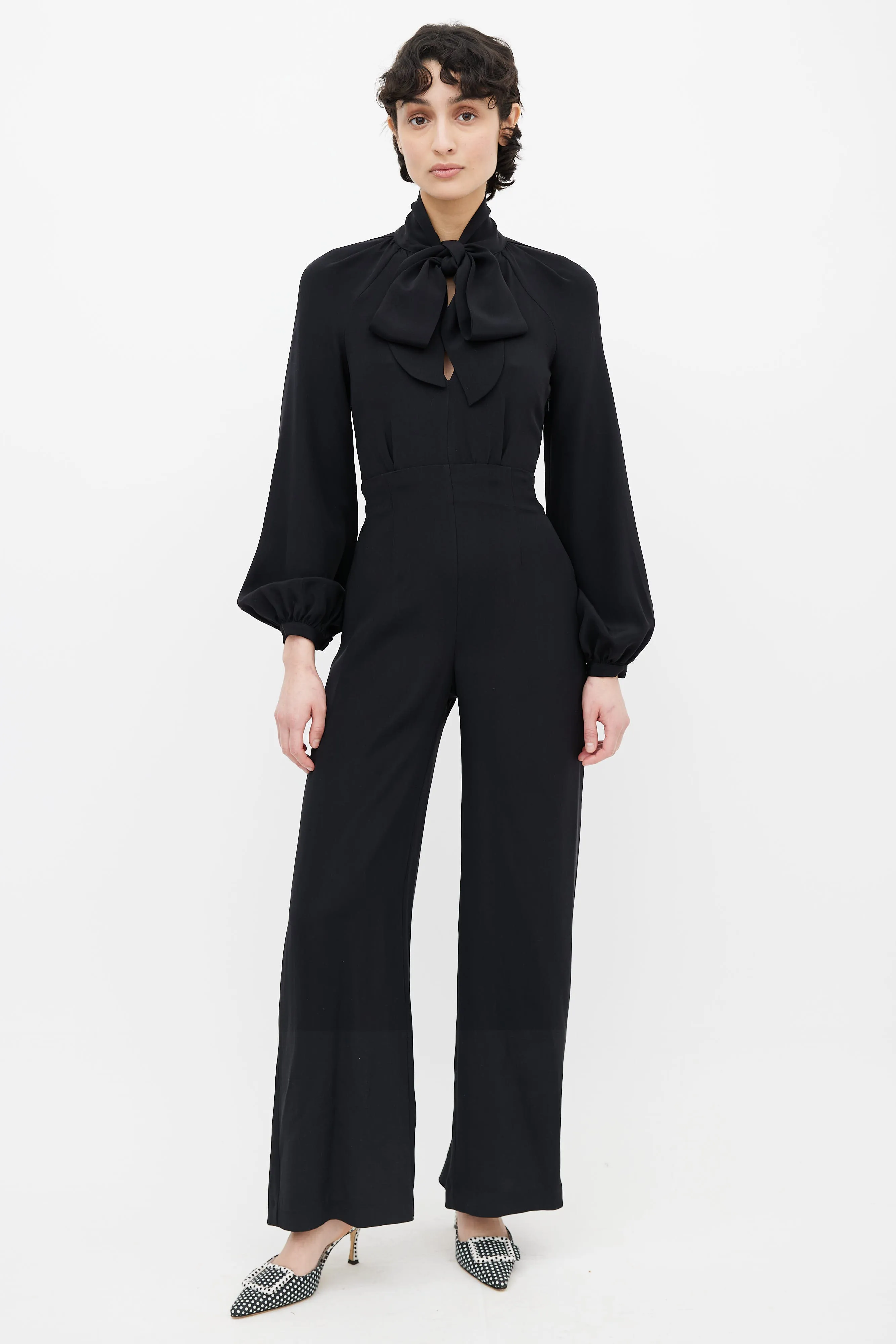 Black Neck Tie Long Sleeve Jumpsuit
