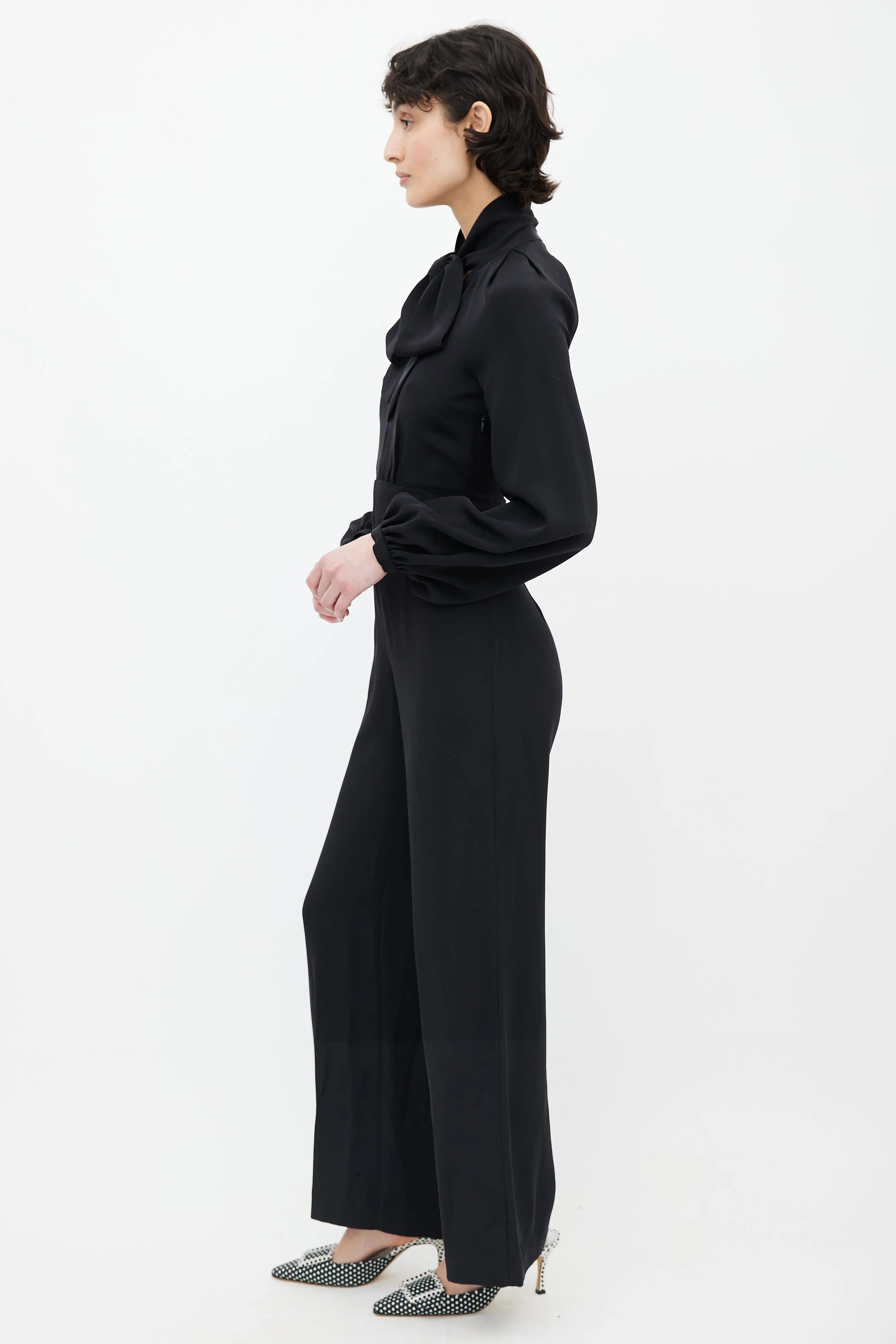 Black Neck Tie Long Sleeve Jumpsuit