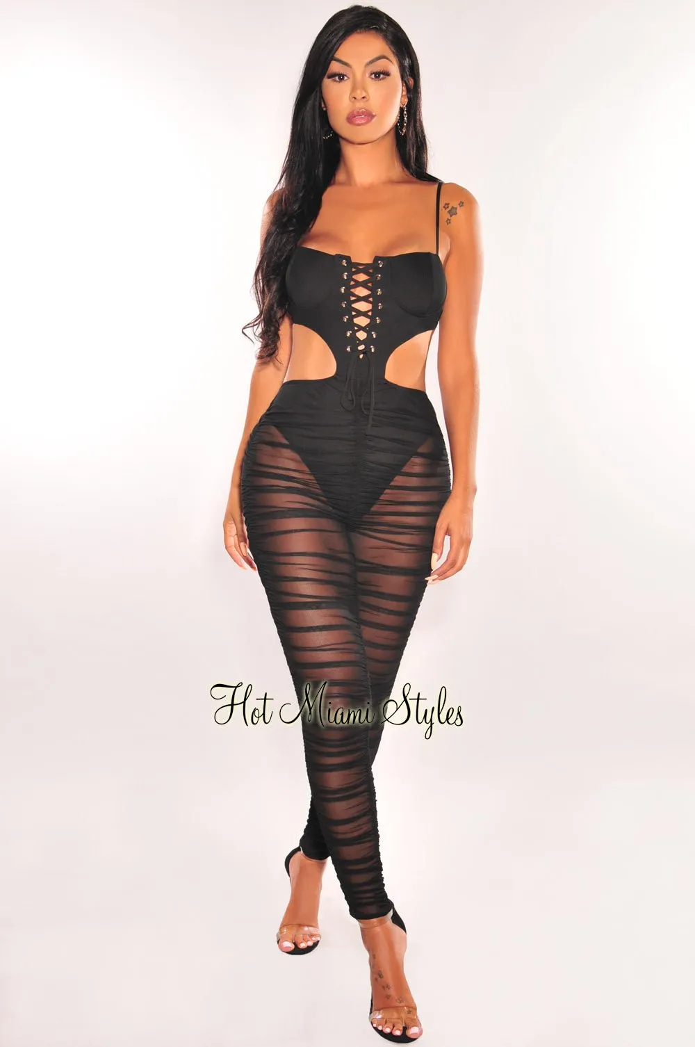 Black Spaghetti Straps Lace Up Cut Out Mesh Ruched Jumpsuit