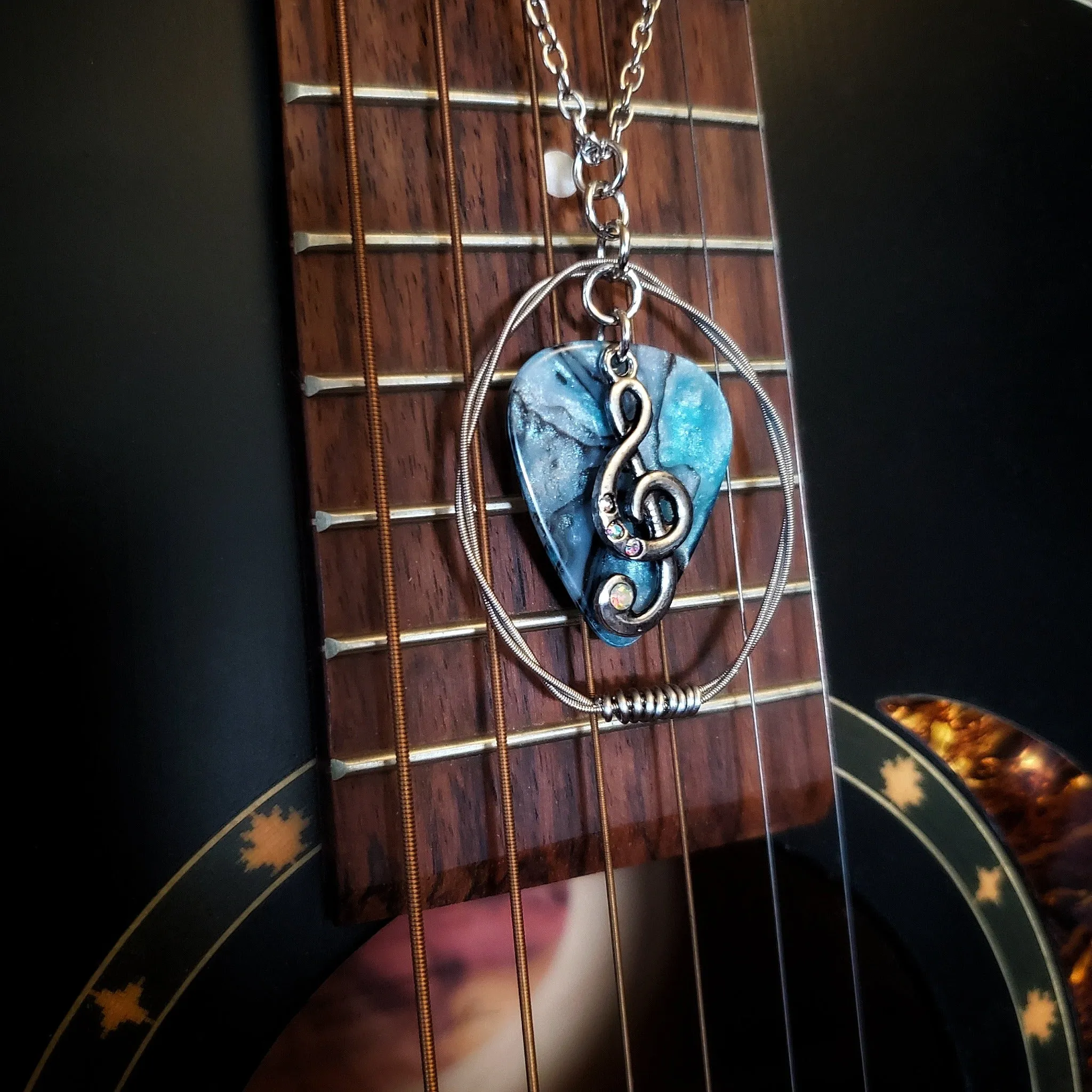 Blue & Grey Guitar Pick and Upcycled Guitar String Necklace