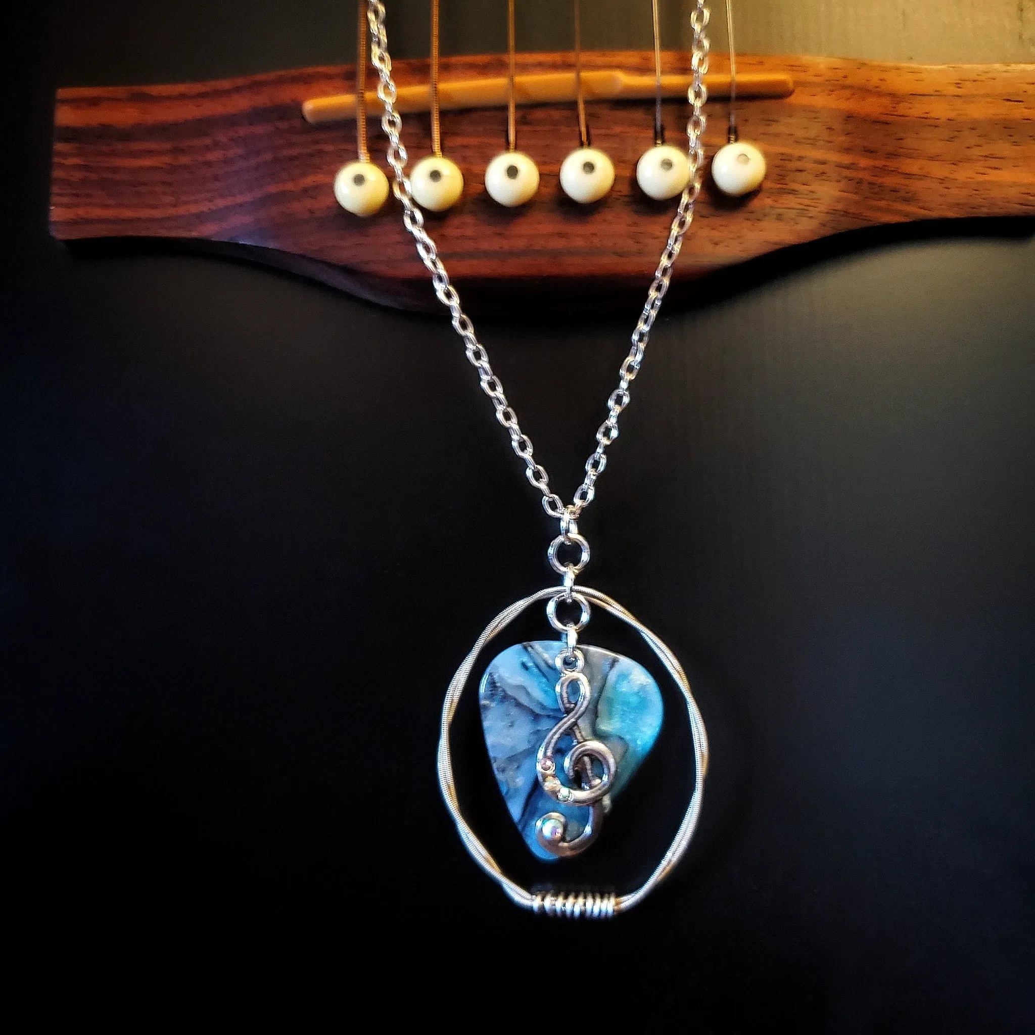 Blue & Grey Guitar Pick and Upcycled Guitar String Necklace