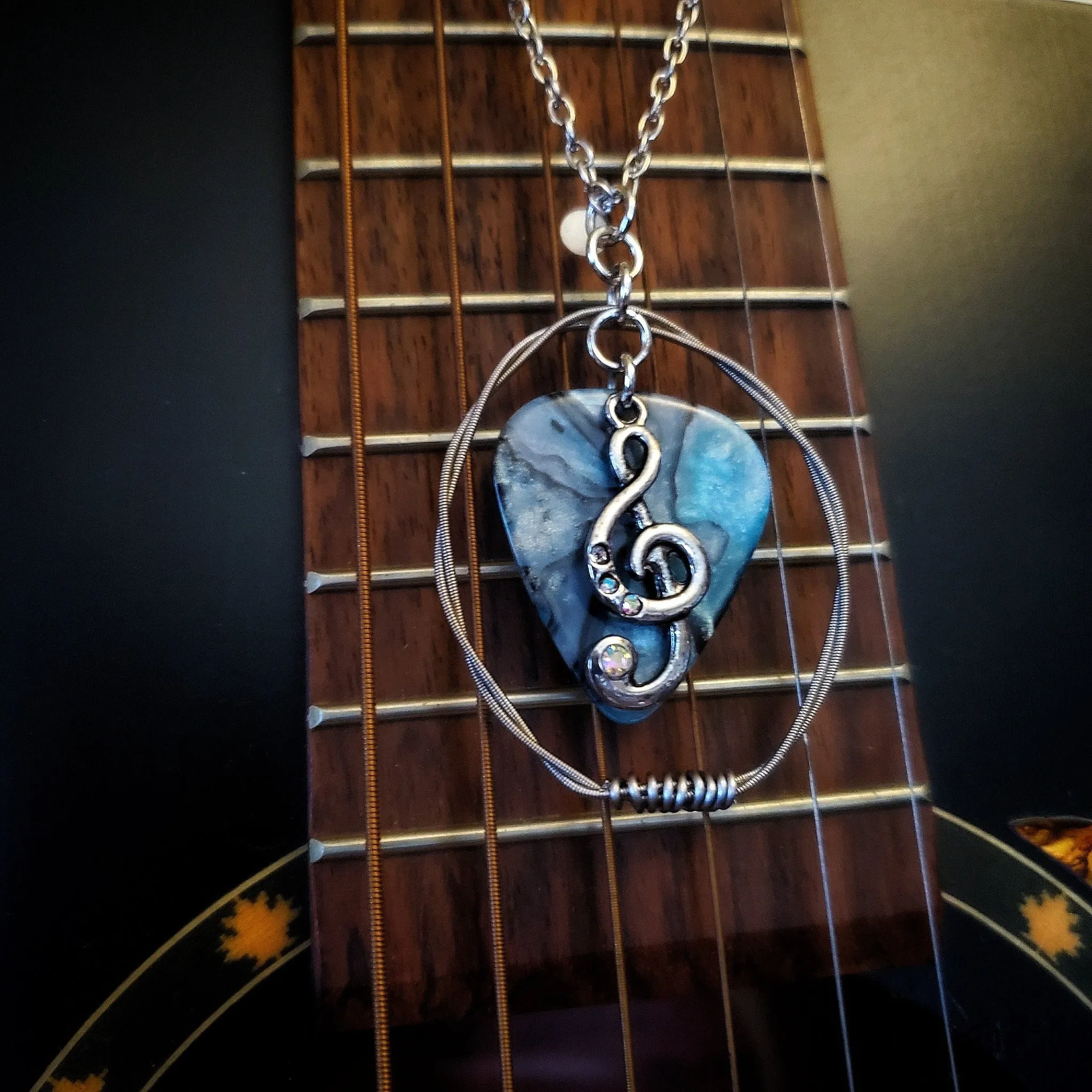 Blue & Grey Guitar Pick and Upcycled Guitar String Necklace