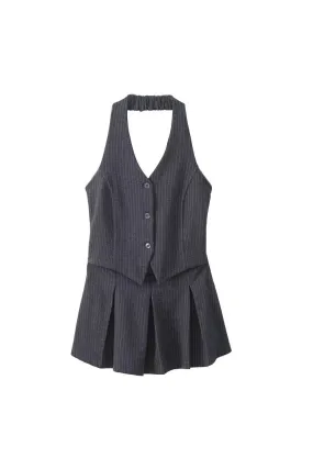 'Caroline' Striped Pleated Waist Vest Dress