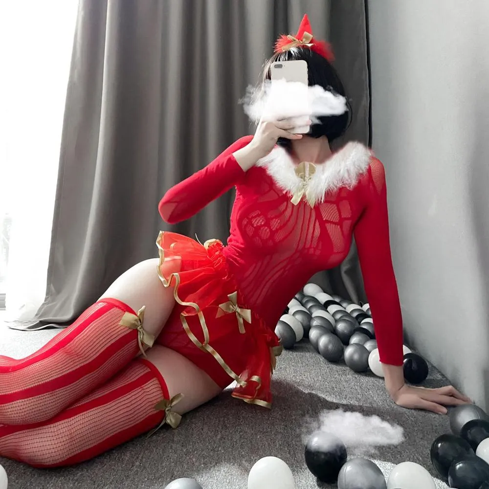 Christmas Bodysuit Sexy Mrs Claus Fishnet Lingerie Red Long Sleeve Backless Cosplay Costume