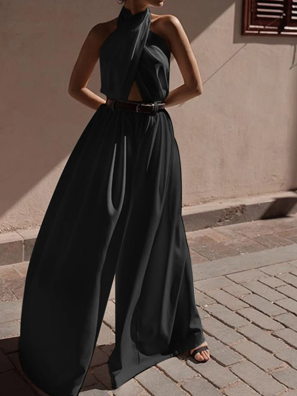 Criss Cross Halter Backless Jumpsuit Without Belt