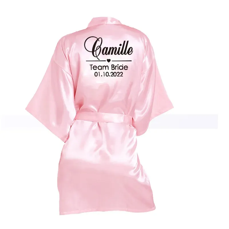 Customized Name Date Wedding Bathrobe Faux Silk Bridal Robe Bride Bridesmaid Wedding Robes Woman Bachelorette Hen Party