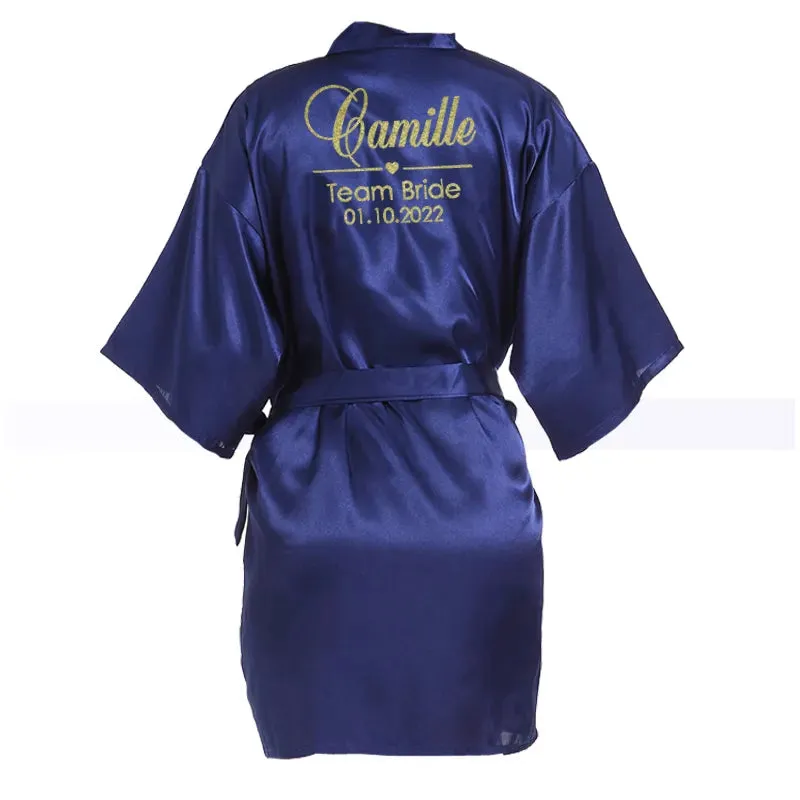 Customized Name Date Wedding Bathrobe Faux Silk Bridal Robe Bride Bridesmaid Wedding Robes Woman Bachelorette Hen Party