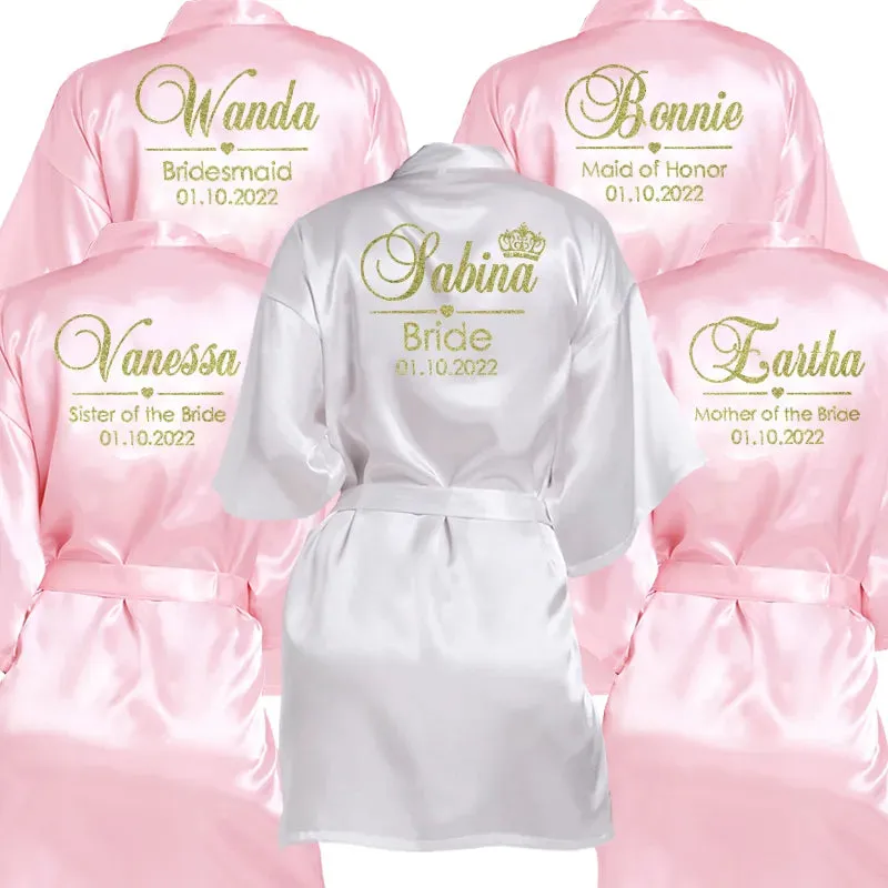 Customized Name Date Wedding Bathrobe Faux Silk Bridal Robe Bride Bridesmaid Wedding Robes Woman Bachelorette Hen Party