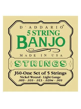 D'Addario 5 String Banjo Strings - Nickel Wound - Light 9-20 - Set