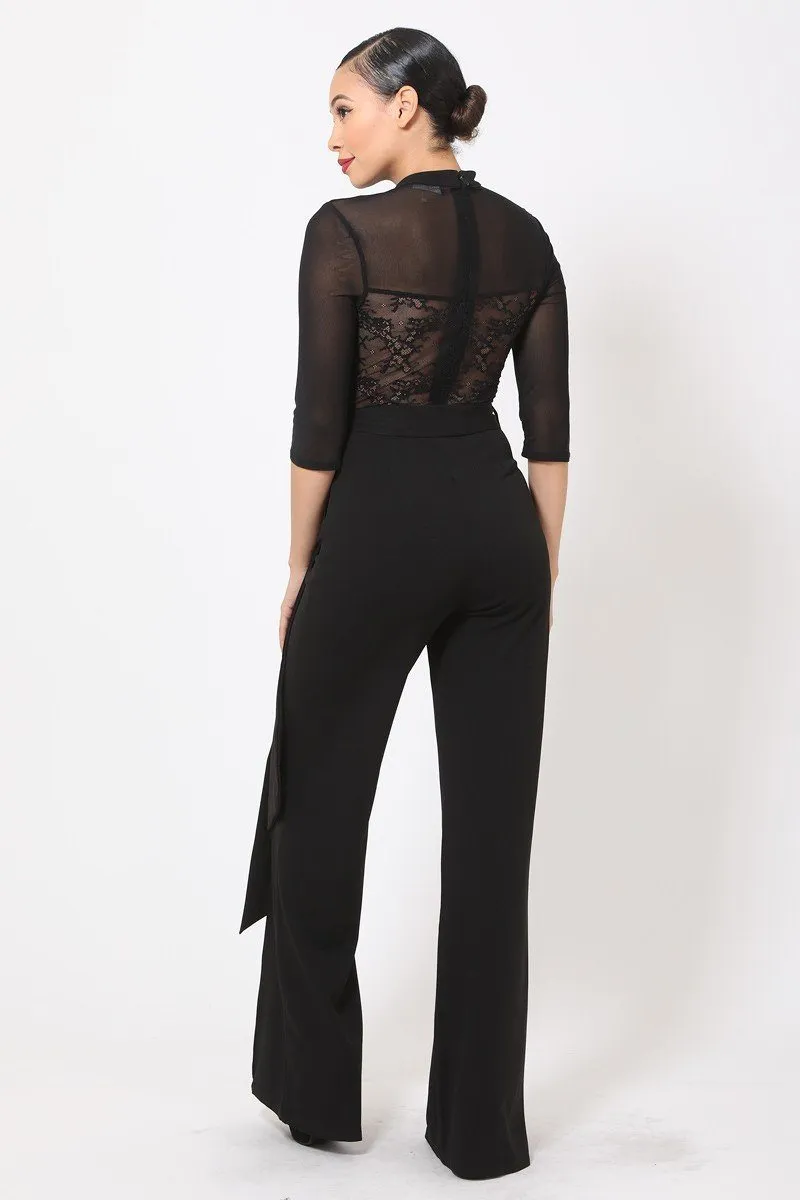 Deep V-neck Mesh See Through W/ Crotchet Jumpsuit