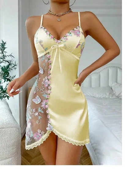 FLORAL LACE OPEN BACK SATIN NIGHTGOWN