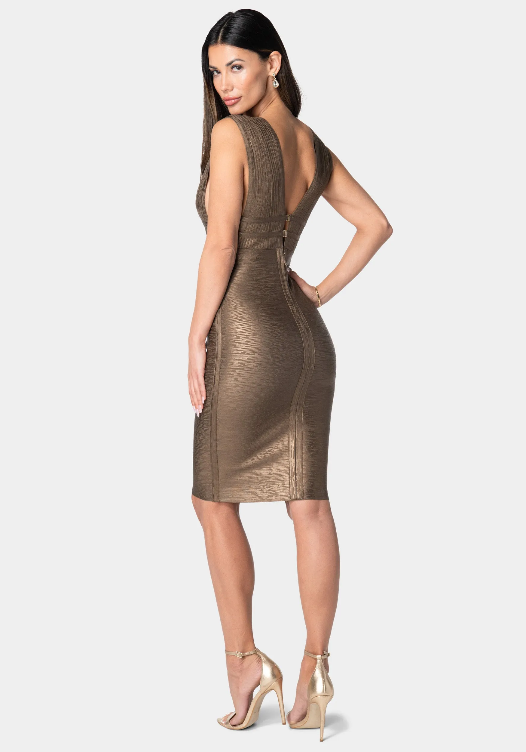 Foiled Bandage Plunge Neck Midi Dress