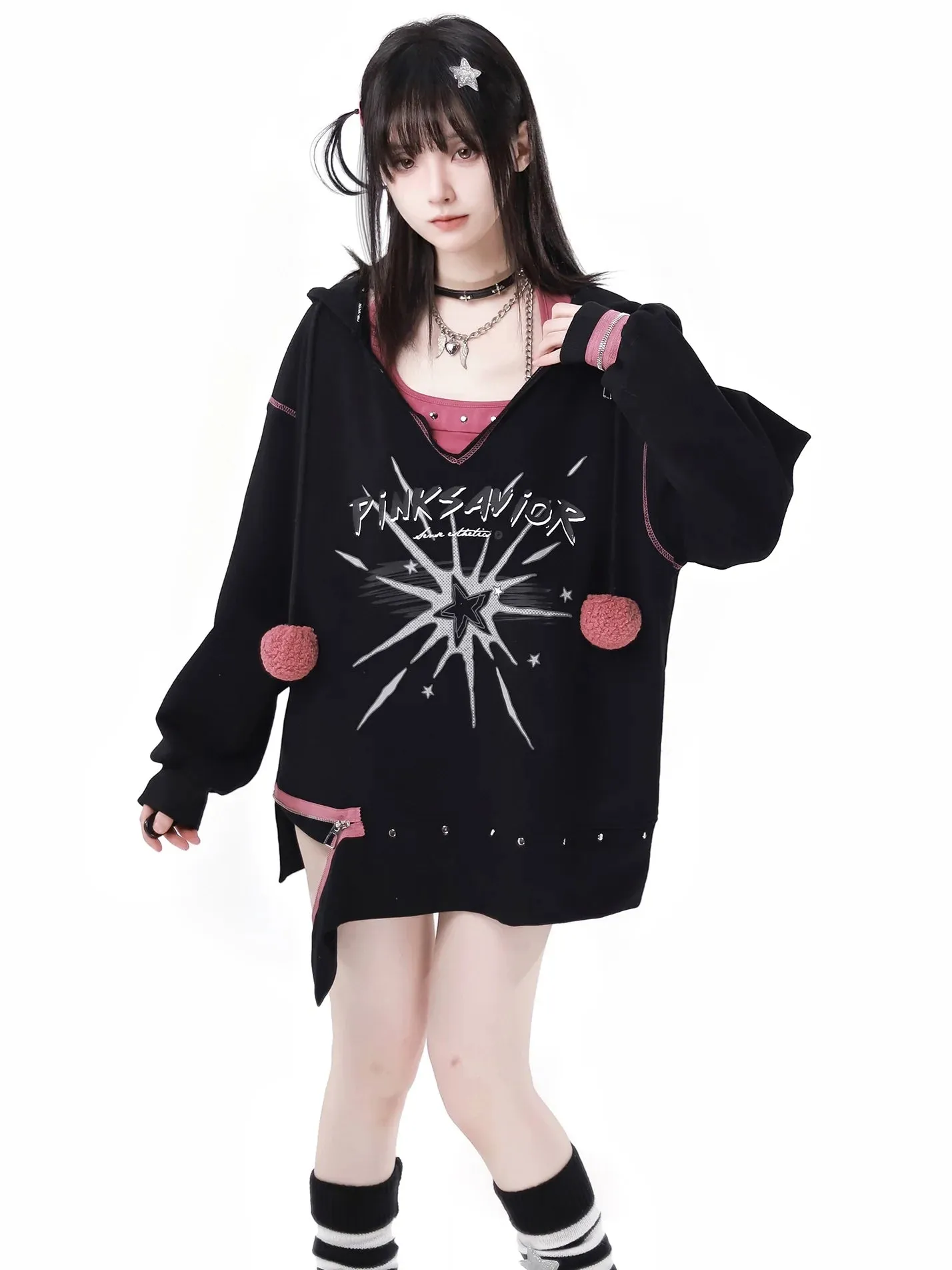 Fur Ball Zip Slit V-Neck Hoodie   Halter Neck Cami Top