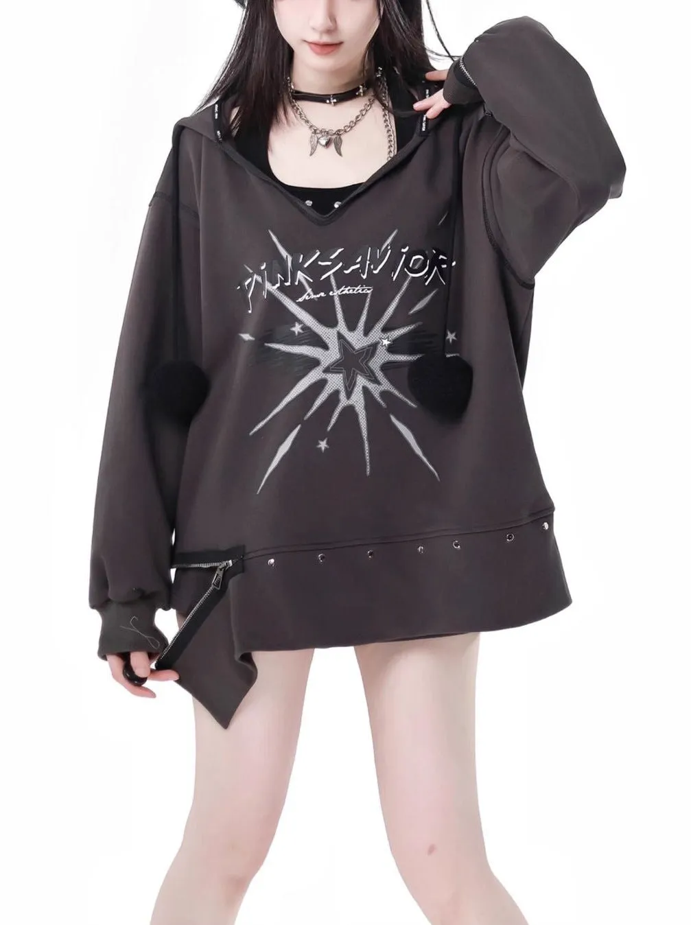 Fur Ball Zip Slit V-Neck Hoodie   Halter Neck Cami Top