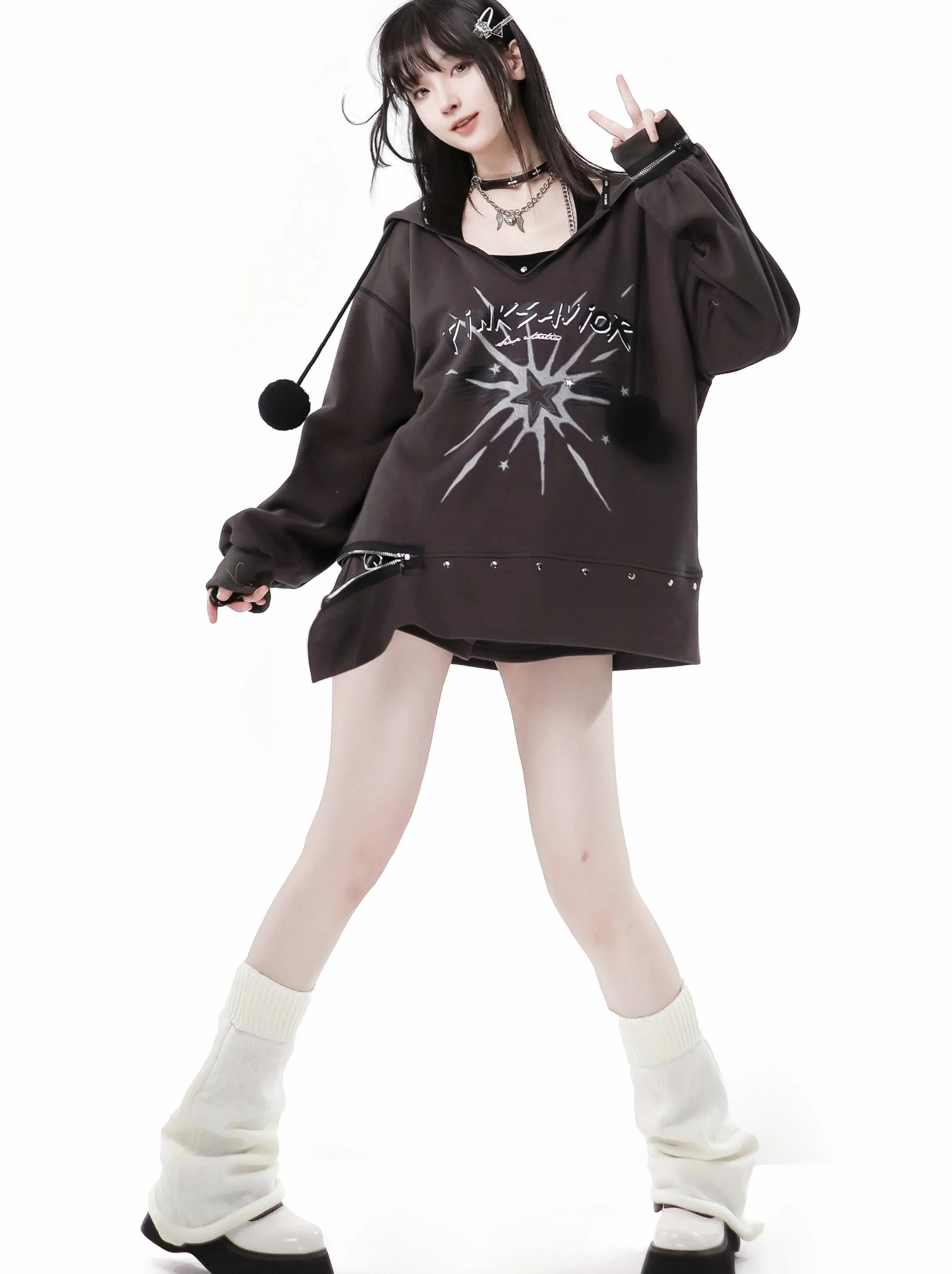 Fur Ball Zip Slit V-Neck Hoodie   Halter Neck Cami Top
