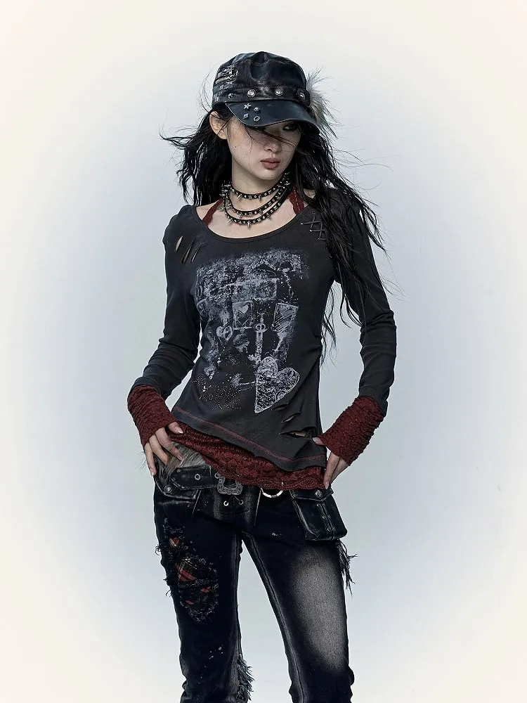 Grey&Red Halter Neck Top with Lace-up and Distressed Hole