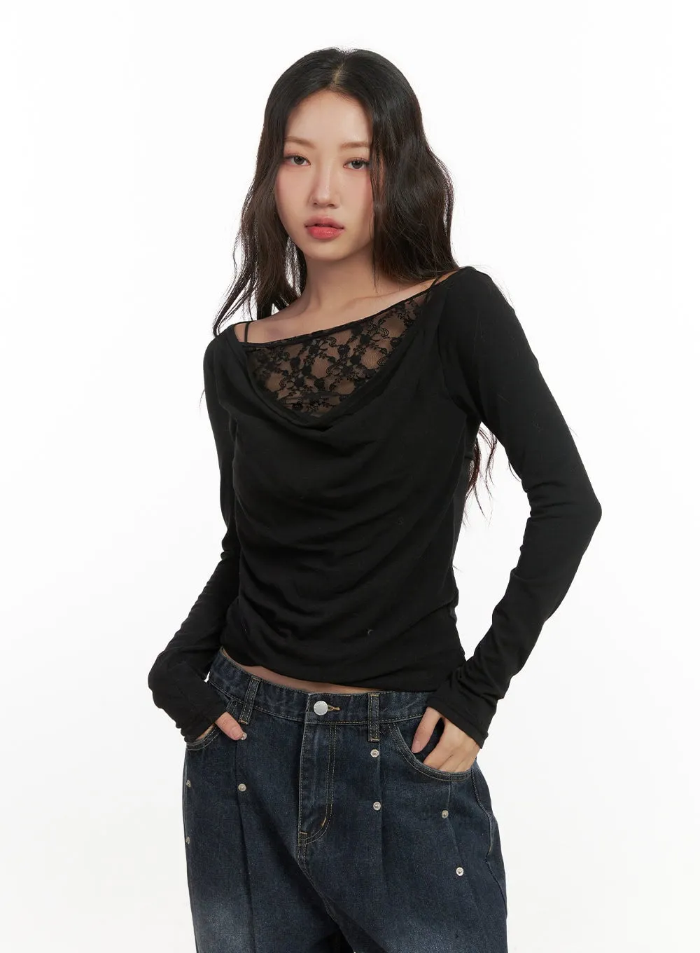 Lace Detail Cowl Neck Top CN426