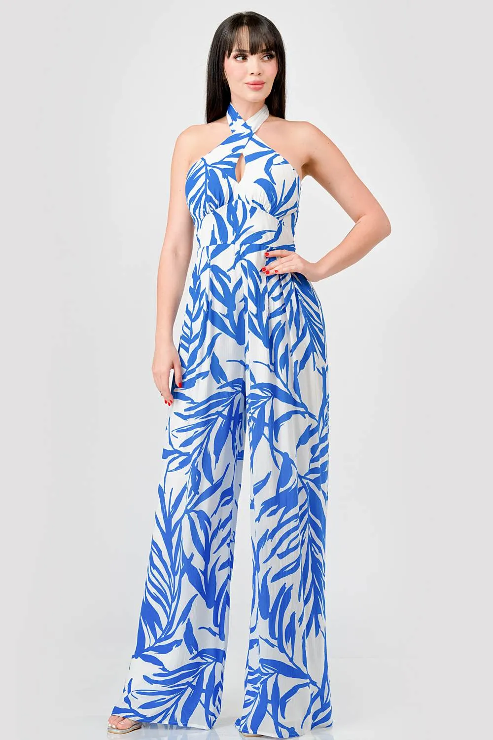 LEAF PRINT CRINKLE SATIN HALTER WIDE LEGS JUMPSUIT