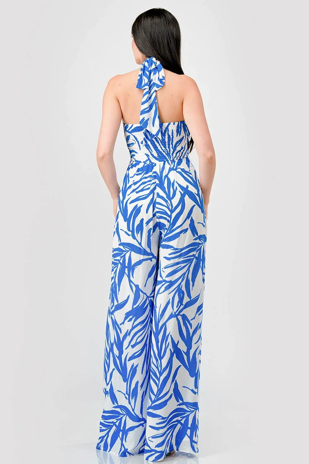 LEAF PRINT CRINKLE SATIN HALTER WIDE LEGS JUMPSUIT