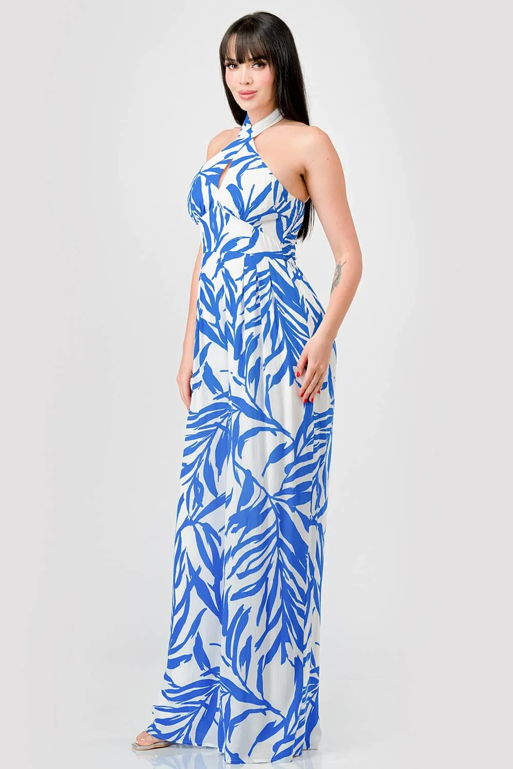 LEAF PRINT CRINKLE SATIN HALTER WIDE LEGS JUMPSUIT