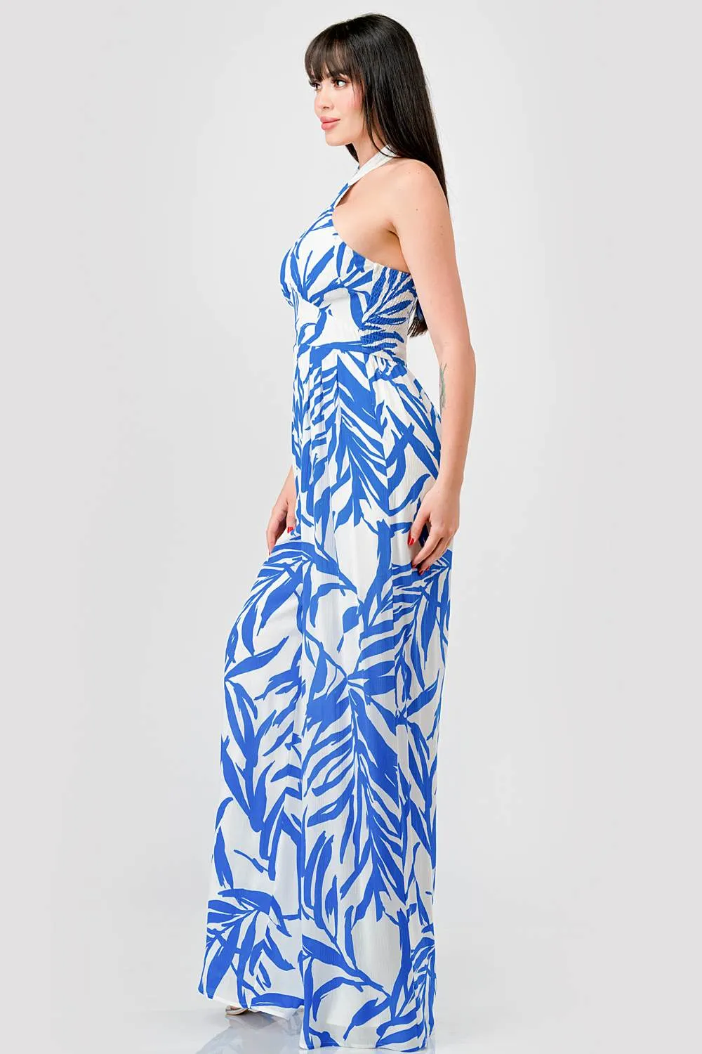 LEAF PRINT CRINKLE SATIN HALTER WIDE LEGS JUMPSUIT