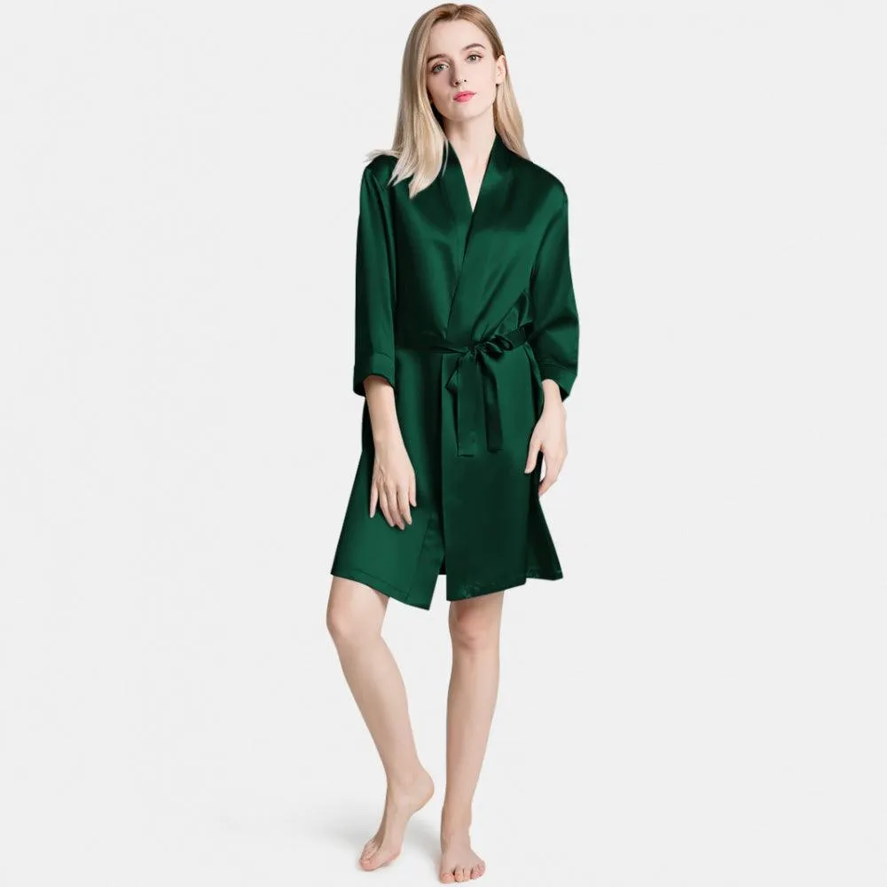 Mulberry Short Silk Robe for Women 100% Pure Silk Bathrobe with Belt