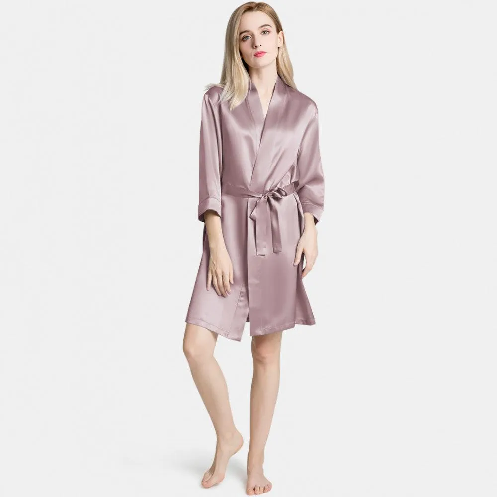 Mulberry Short Silk Robe for Women 100% Pure Silk Bathrobe with Belt