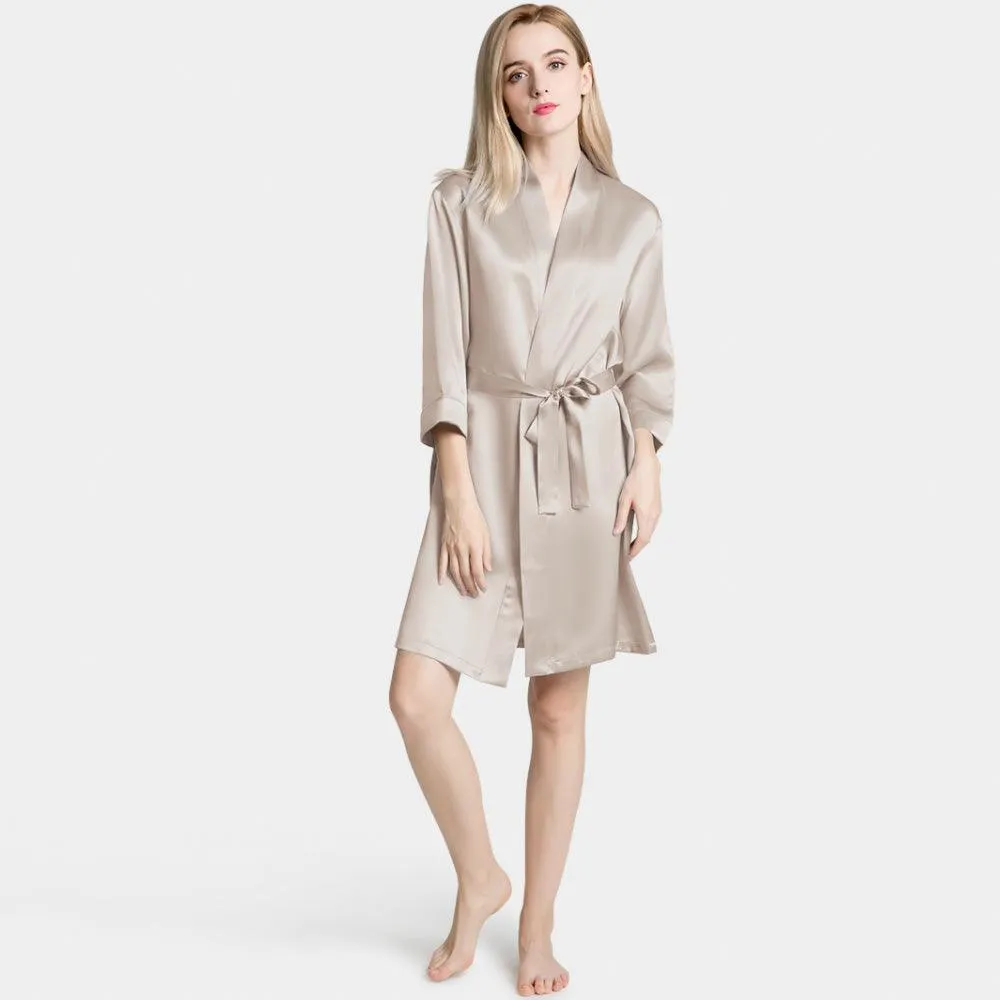 Mulberry Short Silk Robe for Women 100% Pure Silk Bathrobe with Belt