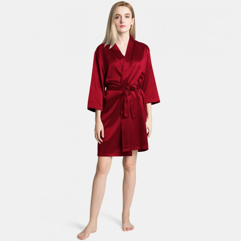Mulberry Short Silk Robe for Women 100% Pure Silk Bathrobe with Belt