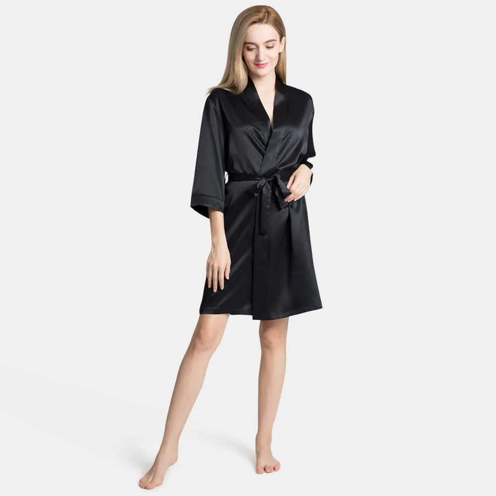 Mulberry Short Silk Robe for Women 100% Pure Silk Bathrobe with Belt