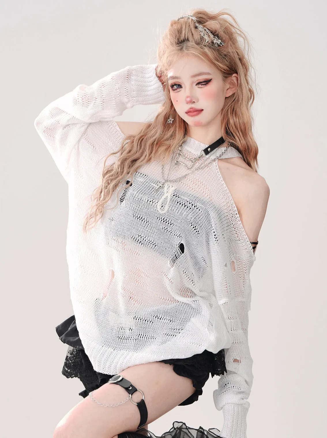 Off-the-shoulder Knit Halter Neck Top Openwork