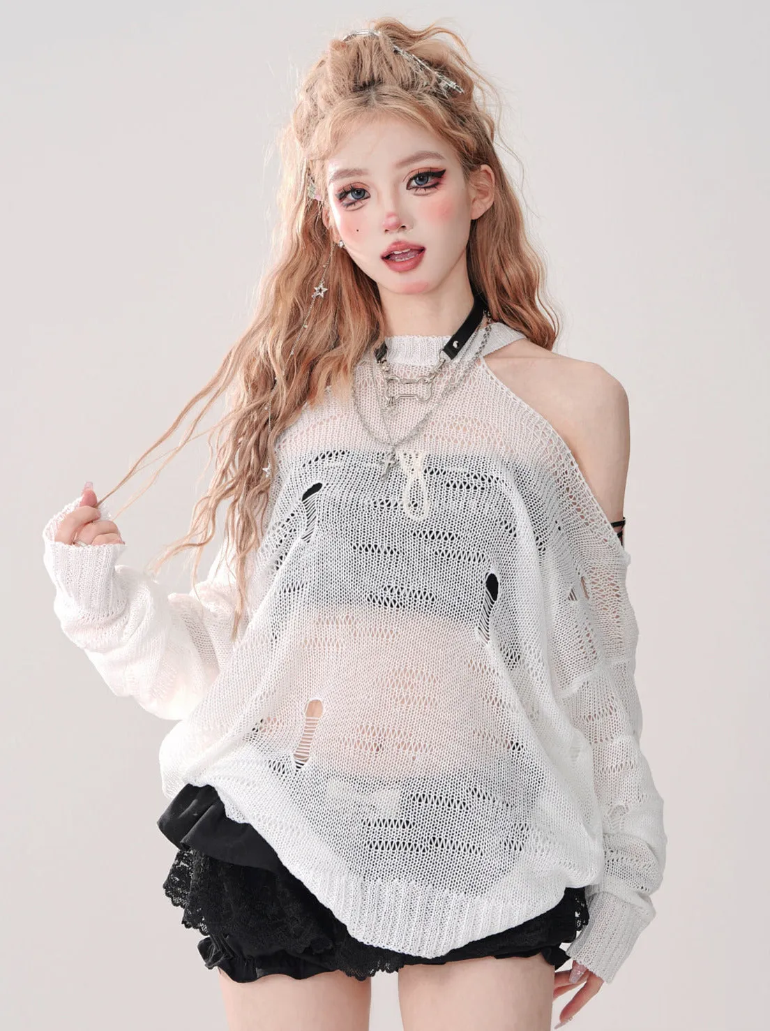 Off-the-shoulder Knit Halter Neck Top Openwork