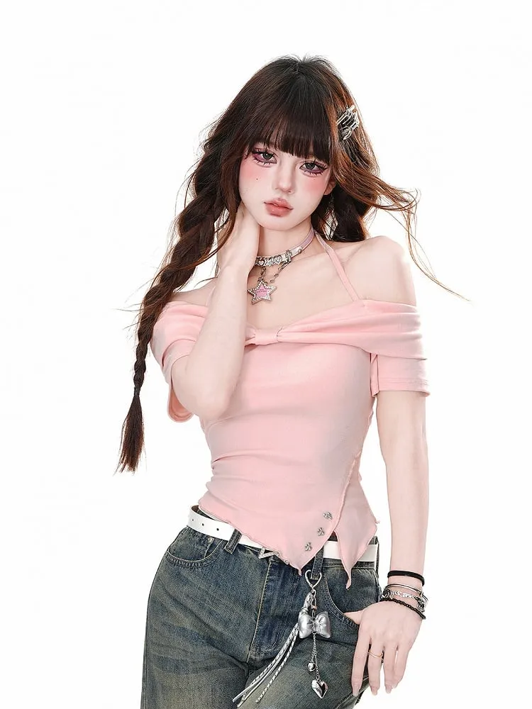 Pink/White Halter Neck Asymmetrical Hem Slim-fitting T-Shirt