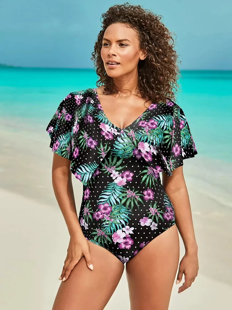 Plus Size Ruffle One Piece Swimsuit  Women Off Shoulder Swimwear Leaf Print Summer Slimming Beach Bathing Suit