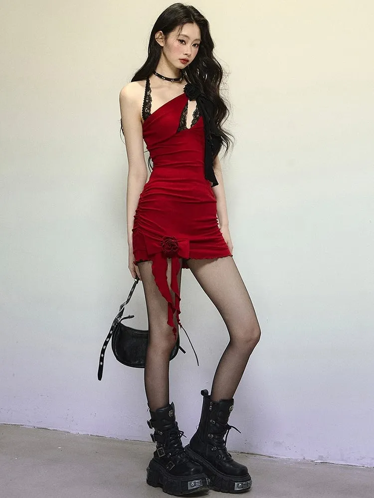Red Floral Design Chest Cutout Halter Neck Mini Dress