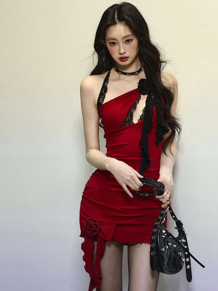 Red Floral Design Chest Cutout Halter Neck Mini Dress