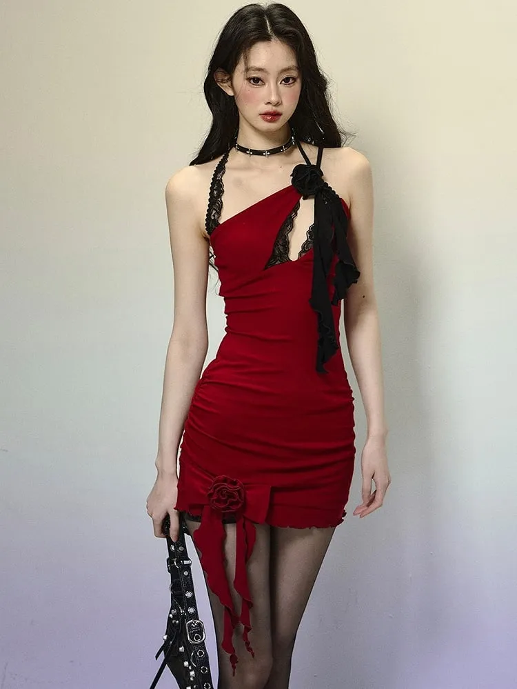 Red Floral Design Chest Cutout Halter Neck Mini Dress