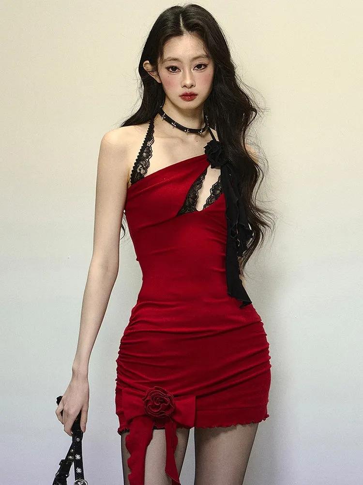 Red Floral Design Chest Cutout Halter Neck Mini Dress