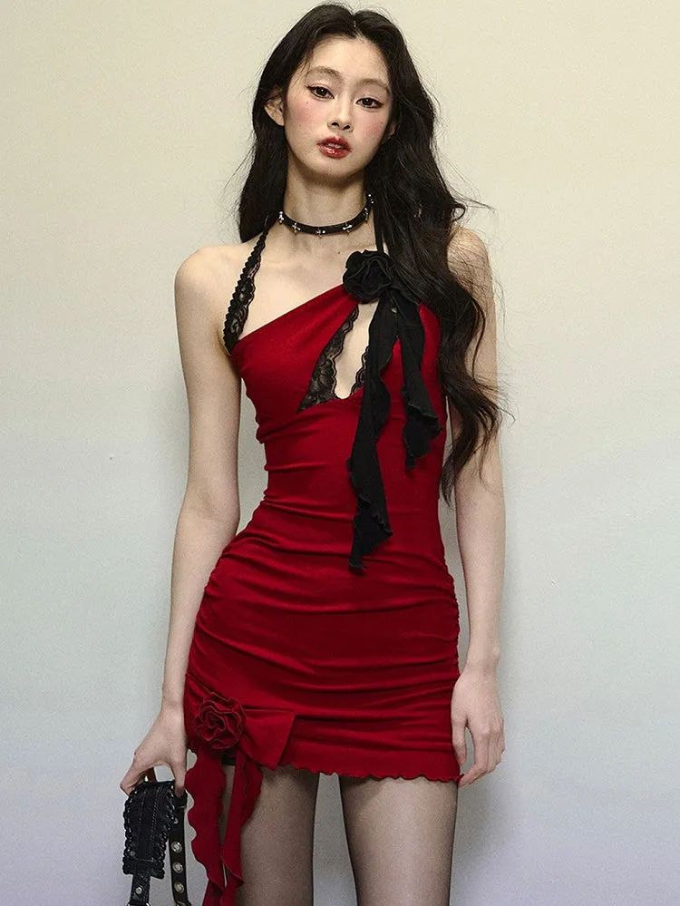 Red Floral Design Chest Cutout Halter Neck Mini Dress