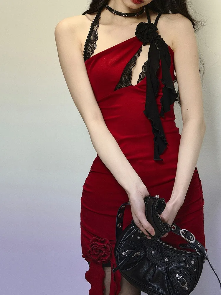 Red Floral Design Chest Cutout Halter Neck Mini Dress