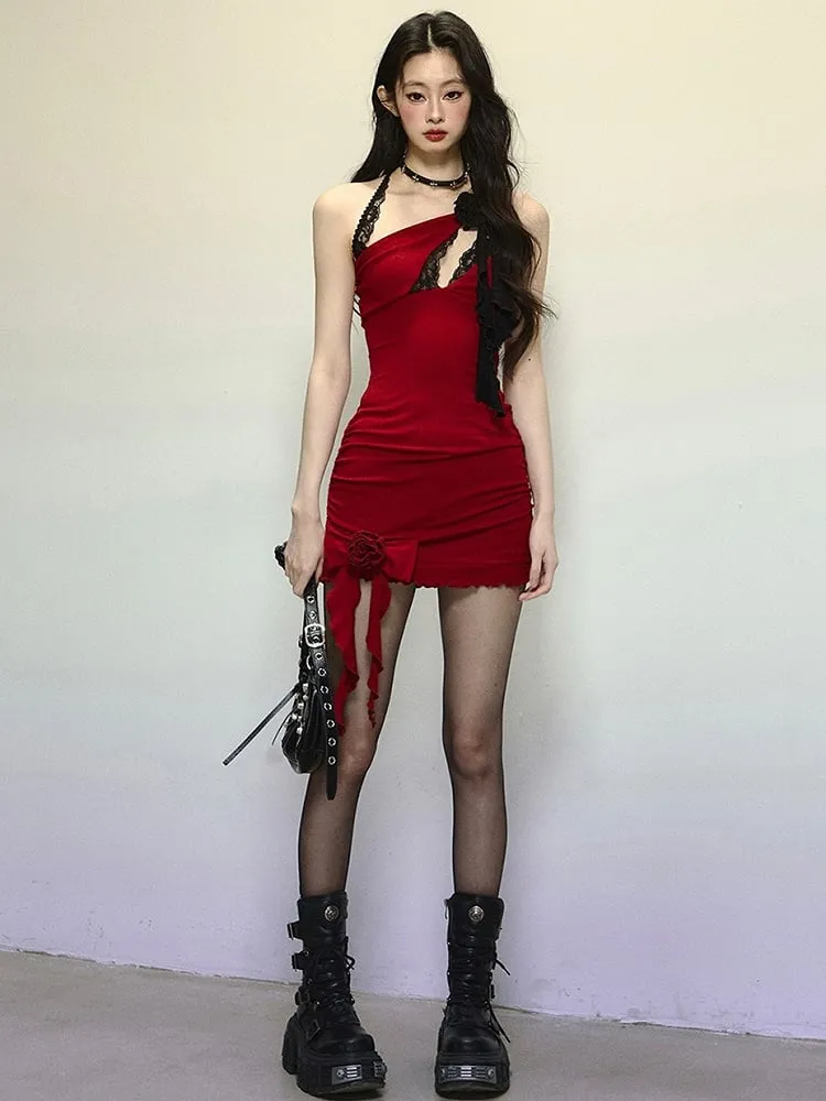 Red Floral Design Chest Cutout Halter Neck Mini Dress
