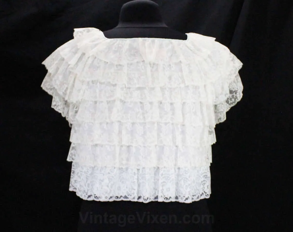 Size 10 Boudoir Bed Jacket - Sheer White Lace Layers with Pale Blue Trim - 50s 60s Lingerie - Short Sleeve Frou Frou Bedjacket - Bust 38.5